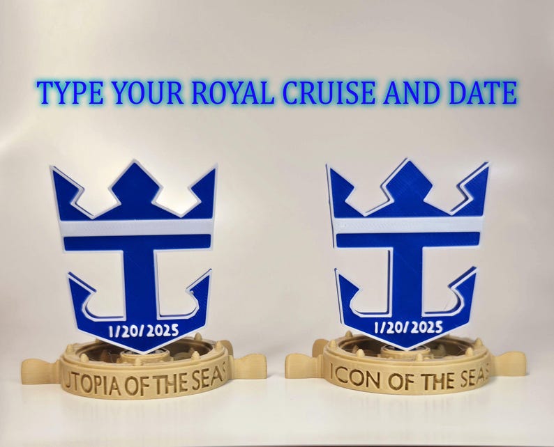 Peut inclure: Deux logos bleus et blancs de navires de croisi&egrave;re Royal Caribbean avec les dates 1/20/2025 et les noms Utopia of the Seas et Icon of the Seas.