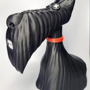 May include: A black Scottish Terrier figurine with a textured surface. The dog has a white mouth and a red collar. The figurine has a button-like detail on its head and is set against a white background.