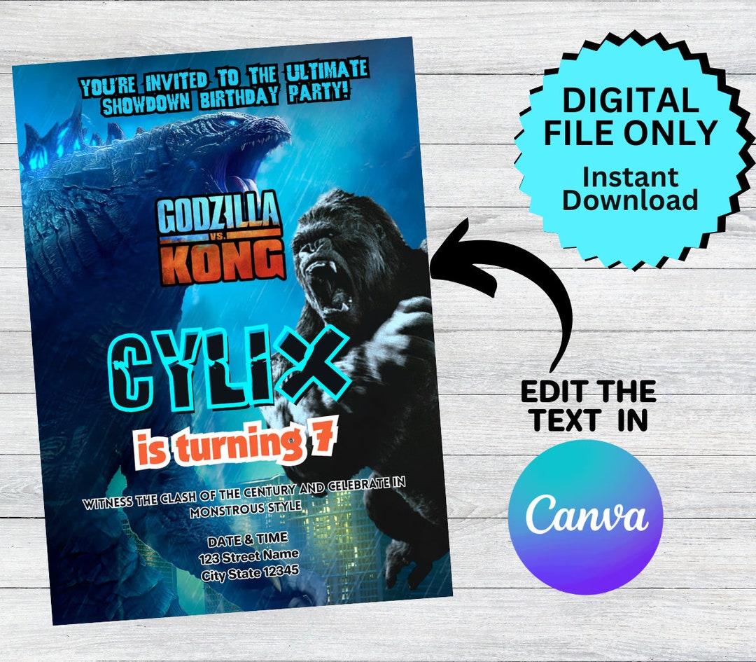 Godzilla Invites Editable Godzilla Invitation Layout for Godzilla Birthday Invitation ...