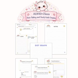 May include: A collection of printable study guides and note-taking templates for ADHD Class. The templates include sections for notes, key terms, questions, and study planning. The design features a cute cat illustration and pastel colors.
