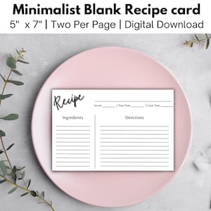 Minimalist Simple Recipe Card, 5&quot; x 7&quot;, Two Per Page, Digital Download