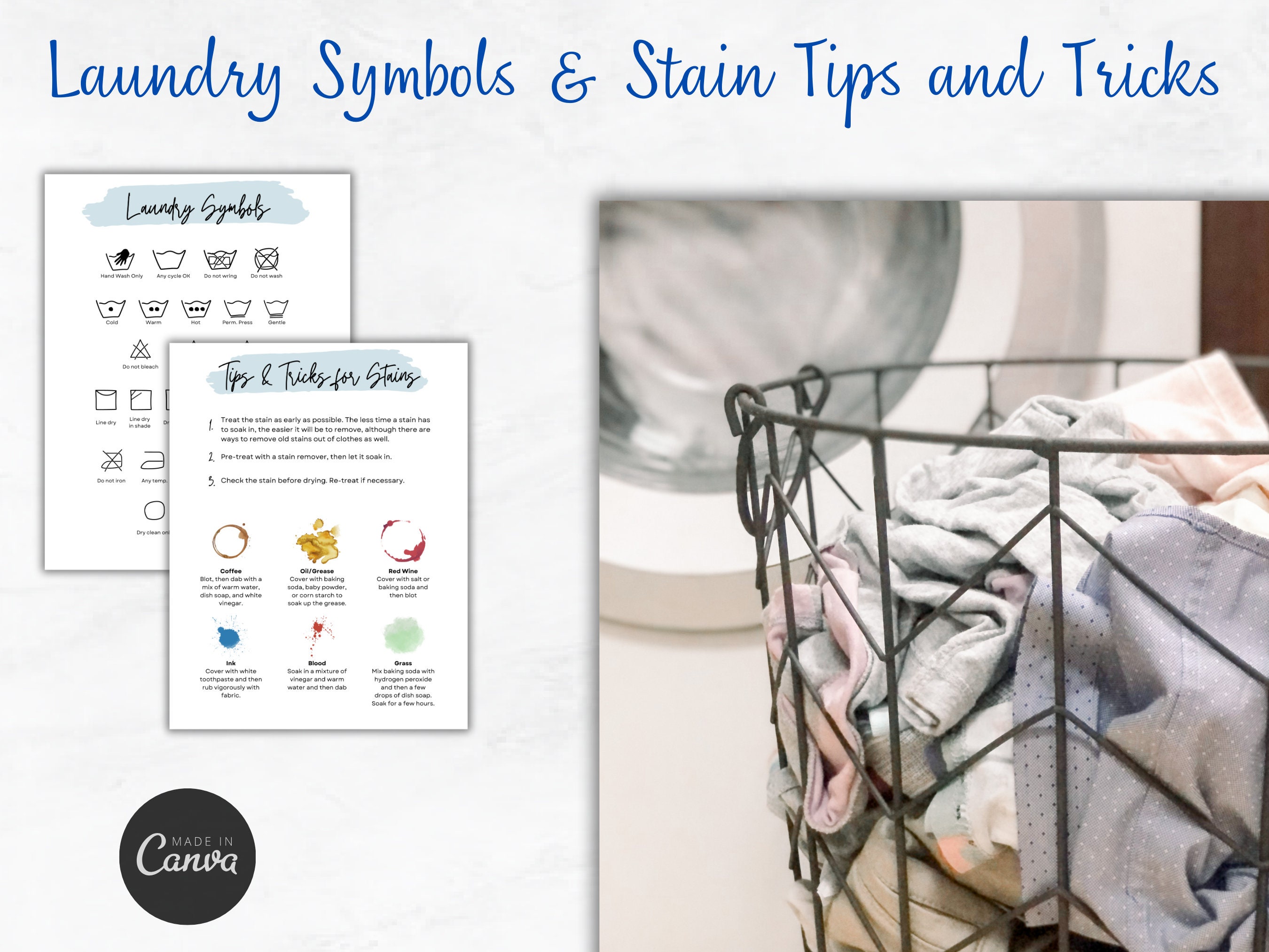 Printable Laundry Symbols Guide, Tips and Tricks for Stains, Canva Template - Etsy