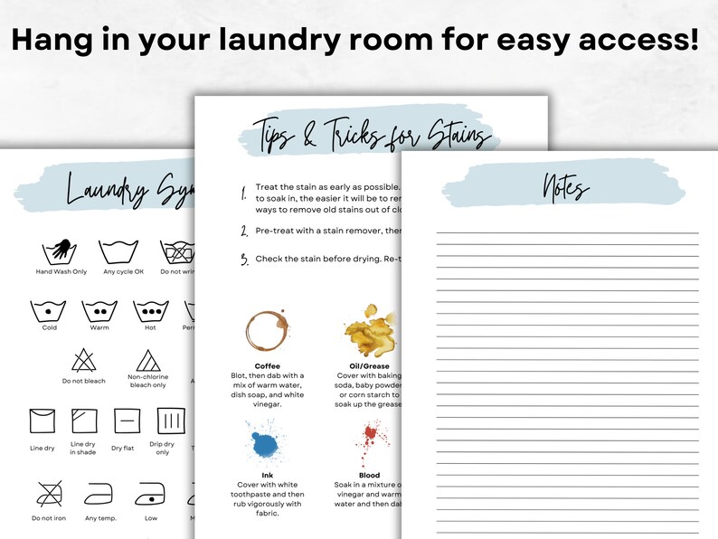 Printable Laundry Symbols Guide, Tips and Tricks for Stains, Canva ...