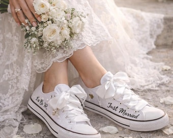 Personalized bridal sneakers | Women's chic and comfortable wedding shoes | Boho wedding sneakers with pearls and satin laces