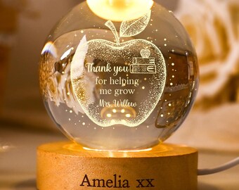 Custom Teacher Appreciation Crystal Ball Night Light, Apple LED Night Light Gift, Thank You Teacher Gift, End of Year Gift, Retirement Gift
