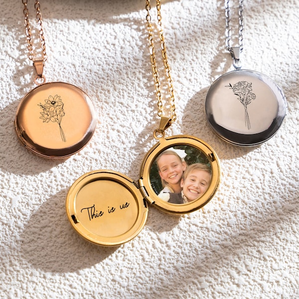 Foto Locket Halskette mit Geburtsblume, Bild Medaillon Halskette, Frau Schmuck, Geburtstagsgeschenk für Mama, Weihnachtsgeschenk Ideen, Medaillon graviert