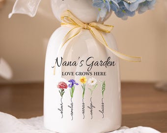 Grandma's Garden Flower Vase, Birth Month Flower Vase, Bonus Mom Gift, Birthday Gift for Nana, Family Holiday Decor, Christmas Gift for Nana