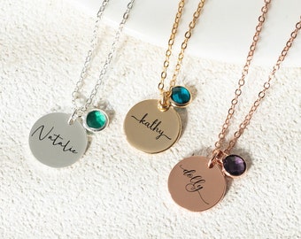 Collar con nombre personalizado, collar con nombre de piedra de nacimiento, collar de disco grabado para mujeres, joyería colgante de piedra de nacimiento, regalo de cumpleaños, regalo de Navidad