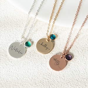 Personalized Name Necklace,Birthstone Name Necklace,Engraved Disc Necklace for Women,Birthstone Pendant Jewelry,Birthday Gift,Christmas Gift image 1