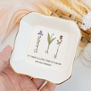 Personalized Birth Flower Jewelry Dish, Custom Wedding Bridesmaid Gift, Best Friend Flower Ring Dish, Birthday Gift for Bestie, Gift for Her