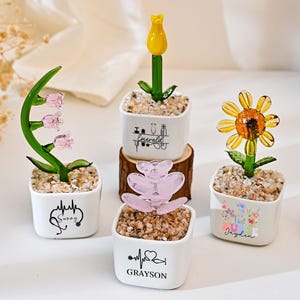 Puede incluir: Una colección de esculturas de flores de vidrio en miniatura en pequeñas macetas blancas. Las flores incluyen un tulipán amarillo, un girasol y lirios de los valles rosas. Cada maceta tiene un diseño único, incluyendo nombres y símbolos médicos. Las macetas están llenas de pequeños guijarros.