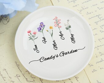 Personalized Ring Dish with Grandkids' Names,Grandma’s Garden Ring Dish,Birth Flower Ring Dish,Jewelry Dish,Trinket Dish,Mom's Birthday Gift