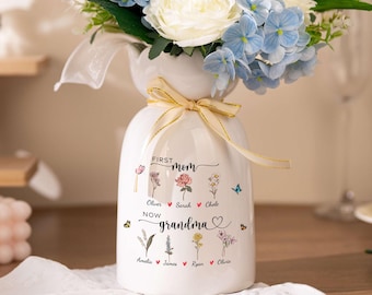 Jarrón de flores "Primera mamá, ahora abuela", Jarrón de flores "Jardín de la abuela", Jarrón de flores "Mes de nacimiento", Regalo de cumpleaños para la abuela, Regalo del Día de la Madre para la abuela