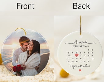 Photo Special Date Calendar Date Ceramic Hanging Keepsake, Wedding Gift, Round/Heart Plaque Gift for Couples with Wrapped Box, Mr & Mrs Gift