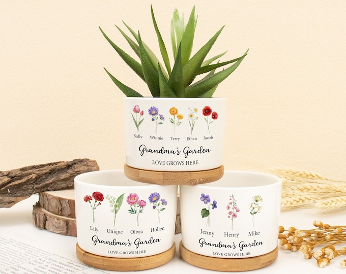 Custom Grandma's Garden Plant Pot: Personalized Birth Flower Ceramic Planter