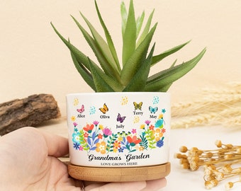 Mini cache-pot de jardin de grand-mère avec noms d'enfants, pot de fleurs de papillons, cadeau de fête des mères pour grand-mère, mini jardinière de succulentes