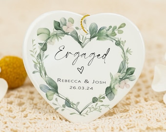 Personalised Eucalyptus Ceramic Hanging Keepsake, Engagement Gift, Ceramic Heart Plaque for Engagement, Engaged / Married Gift for Couples