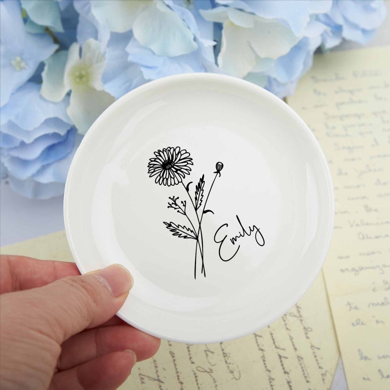 Personalized Birth Flower Ring Dish,Perfect Bridesmaid or Best Friend Gift,Wedding Ring Dish,Custom Jewelry Dish,Birthday,Xmas Gifts for Her image 1