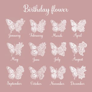 May include: A pink background with white butterfly illustrations, each representing a month of the year. The text "Birthday flower" is at the top. Each butterfly is paired with a month name, such as "January" and "February".