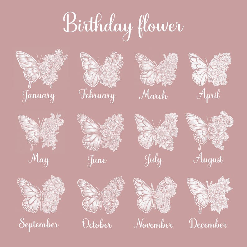 May include: A pink background with white butterfly illustrations, each representing a month of the year. The text "Birthday flower" is at the top. Each butterfly is paired with a month name, such as "January" and "February".