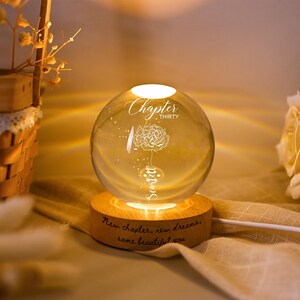 May include: A glowing glass sphere with a floral design and the words "Chapter Thirty" and "Sanjit" etched on it. The sphere sits on a wooden base with the inscription "New chapter, new dreams, same beautiful you."