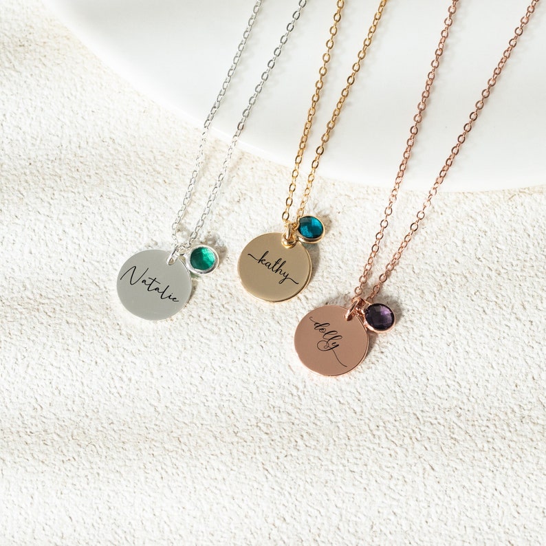 Personalized Name Necklace,Birthstone Name Necklace,Engraved Disc Necklace for Women,Birthstone Pendant Jewelry,Birthday Gift,Christmas Gift image 1