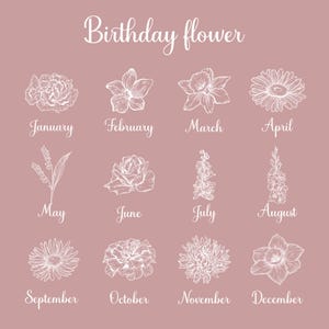 May include: A blush-colored graphic featuring white line drawings of flowers, each representing a birth month. The text "Birthday flower" is at the top. Months are listed below each flower, from January to December.