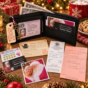 May include: A black bi-fold wallet containing a North Pole Sleigh Flying Licence, a Santa Claus identification card, and a 100 dollar bill. A gold-toned key charm is attached to the wallet. Included are a weigh station certificate, a coffee shop receipt, a pink order slip, and a photograph of Santa and Mrs. Claus.