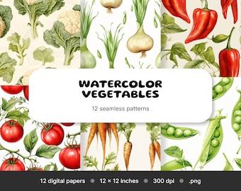 Watercolor Vegetable Seamless Pattern | Scrapbook Paper (Digital Download)