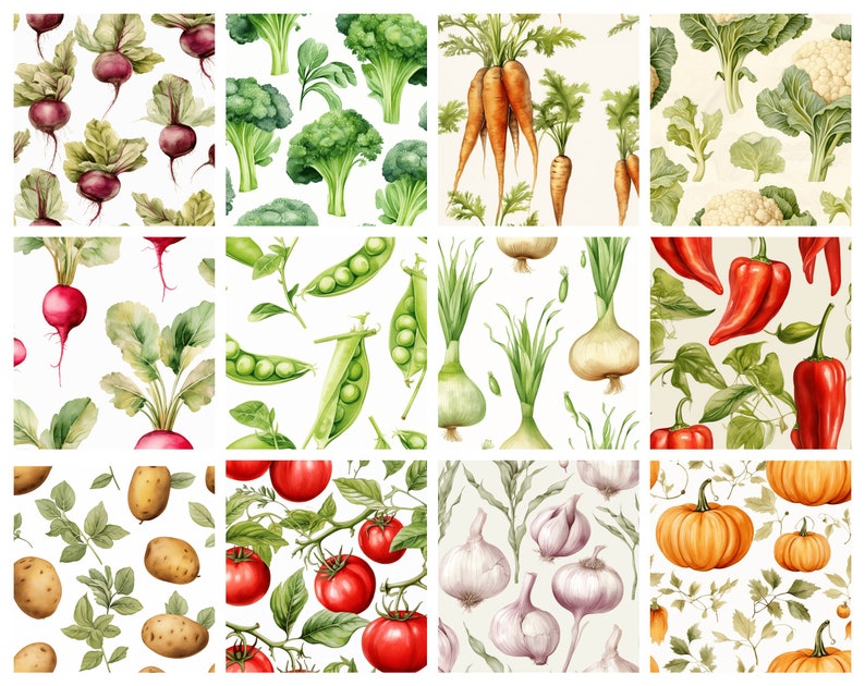 Seamless Vegetable Digital Paper Paper Vegetable Patterns Watercolor