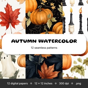 Autumn Watercolor Patterns Paper Seamless  Autumn Digital Paper: Commercial-use, High-Quality for Scrapbooking &Invitations Fall Cottagecore