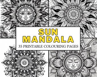 Sun Mandala Malseiten 35 Malseiten zum Ausdrucken, Entspannung, Beruhigung, Meditation, achtsam, Spaß für Kinder & Erwachsene