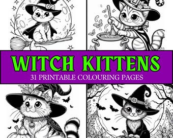 Halloween Hexe Kätzchen Malseiten 31 druckbare Malseiten, lustige niedliche festliche Tierkatzen Urlaubsaktivität für Kinder und Erwachsene!