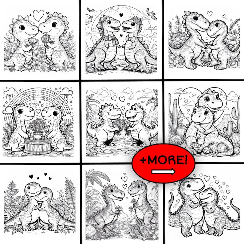 Valentine's Dinosaurs in Love COLOURING PAGES, 37 Printable Coloring ...