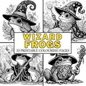 May include: A set of 33 printable coloring pages featuring whimsical wizard frogs wearing pointy hats and robes. The frogs are holding wands, books, and other magical items.  Wizard Frogs - 33 Printable Coloring Pages