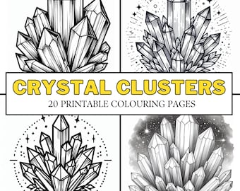 Cúmulos de cristales: 20 páginas para colorear imprimibles, mágicas, espirituales, astrológicas y celestiales. Divertida actividad para niños y adultos.