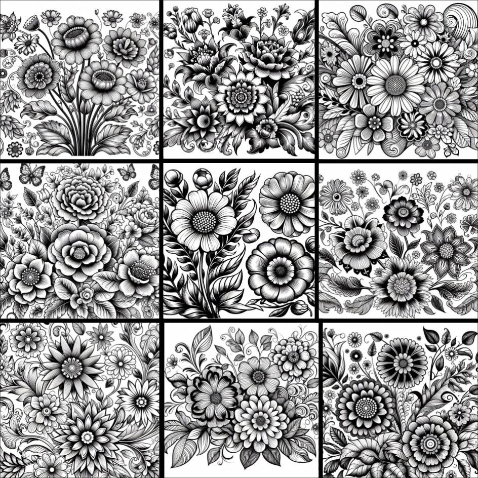 Retro Flowers COLOURING PAGES 250 Printable Coloring Pages, Valentine's ...