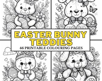 Easter Bunny Teddy Bears COLOURING PAGES 46 Printable Coloring, Cute Stuffed Animal, Holiday Celebration Activity, Fun for Kids & Adults