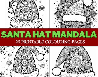 Santa Hat Mandala COLOURING PAGES 39 Printable Coloring Pages, Fun Relaxing Calm Cute Festive Christmas Holiday Activity For Kids & Adults!