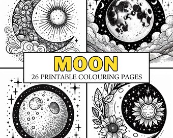 PÁGINAS PARA COLOREAR DE LA LUNA 26 páginas para colorear imprimibles, actividad celestial nocturna consciente, relajante y tranquilizante, ¡divertida para niños, adolescentes y adultos!