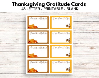 May include: Printable Thanksgiving gratitude cards in a brown and yellow colour scheme. Each card features a small illustration of a cornucopia with pumpkins and acorns. The text "I am thankful for" is printed on each card.