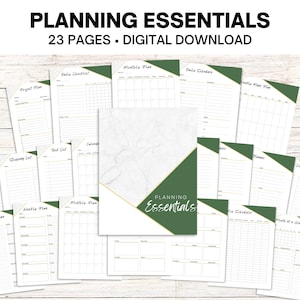 May include: A set of 23 printable planning pages with a marble and green design. The pages include a daily checklist, monthly plan, daily schedule, weekly meal plan, shopping list, task list, calendar, daily plan, weekly plan, monthly plan, and more.