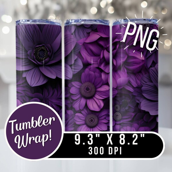 3D Flower Collage 1 PNG for Tumbler Sublimation, Skinny Straight Tumbler Design, Purple and Black Flowers Tumbler Wrap