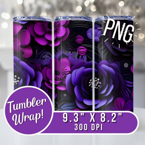 3D Purple Flower Collage 1 PNG for Tumbler Sublimation, Skinny Straight Tumbler Design, Purple and Black Flowers Tumbler Wrap