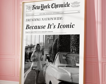 Trendige New Yorker Zeitungskunst | Vintage Barwagen, It Girl Wohnheim Retro Wand Kunst | New York Times Wandkunst, Preppy Girly Kunst