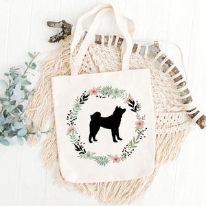 Shiba Inu Tote Bag | Pastel Floral Wreath Canvas Bag for Dog Lovers