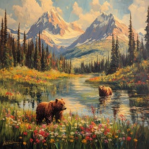 May include: Two brown bears stand in a lush green meadow with a river flowing through it. The mountains in the background are snow-capped and the sky is blue with white clouds.
