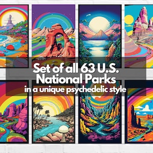 US National Parks Posters - (No Text) - Set of All 63 Prints for Living Room Wall Art Digital Download Unique Psychedelic Poster Style