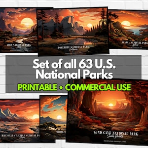 US National Parks Posters Set of All 63 National Parks Prints For Commercial Use - Printable Living Room Wall Art Digital Download 300 dpi