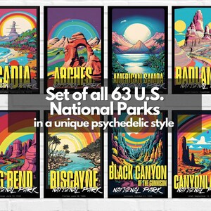 US National Parks Posters - Set of All 63 Prints for Living Room Wall Art Digital Download Poster 300dpi - Unique Psychedelic Poster Style